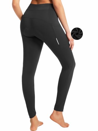 qualidyne Women's 4D Padded Bike Pants, Thermal Fleece-Lined with Pockets, Full-Length Winter Cycling Tights for Cold Weather Black