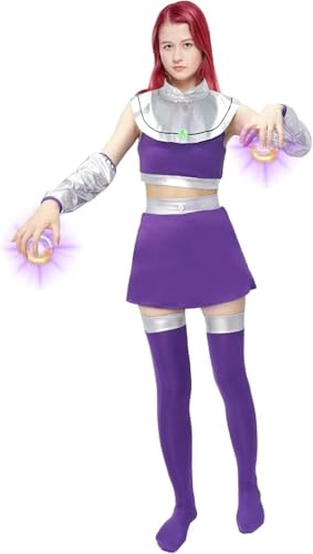 EJWCIG Starfire Costume Princess Women Raven Halloween Purple Bodysuit Outfit Masquerade Party Anime Cosplay Prop (L)