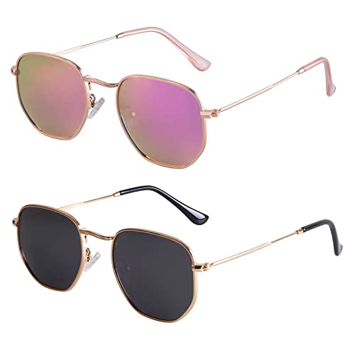 Image of Hipster Hexagonal Polarized Sunglasses Men Women Geometric Square Small Vintage Metal Frame Retro Shade Glasses