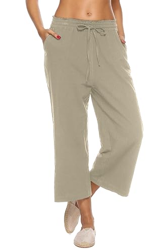 Image of LNX Womens Linen Capri Pants Wide Leg High Waisted Drawstring Casual Cropped Pants with Pockets