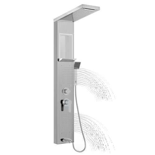 LZQ Panel de ducha de acero inoxidable, sistema de ducha de 5 funciones con ducha de lluvia, cascada, 2 chorros de masaje, ducha de mano y salida de bañera, juego de ducha montado en la pared (plata