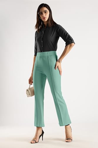 Image of SWADESI STUFF Women's Bell Bottom Trousers - High Waisted Wide Leg Palazzo Pants | Stretchy Cotton Blend Retro Pants for Casual, Office, Party