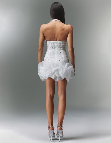 BELLA BARNETT Exquisite White Halter Neck Deep V Diamond Flowers Date Night Dress for Cocktail3