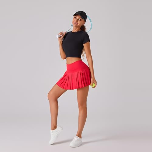 XHKKV Saias plissadas para meninas com shorts de bolso, saia atlética rodada de cintura alta, Vermel