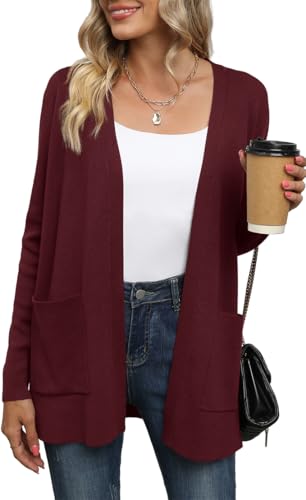 Yommay - Chaqueta de punto para mujer, elegante, holgada, informal, ligera, para otoño, manga larga, con bolsillos, borgoña, S