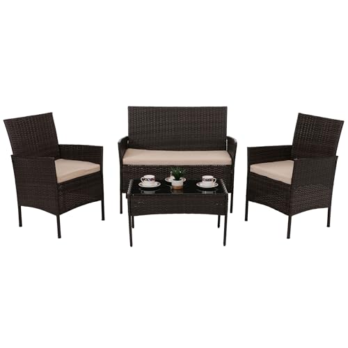 Mendler Poly-Rattan Garten-Garnitur HWC-N98, Sitzgruppe Lounge-Set, Metall Glas Stoff/Textil (180g/m²) - braun, Kissen Creme