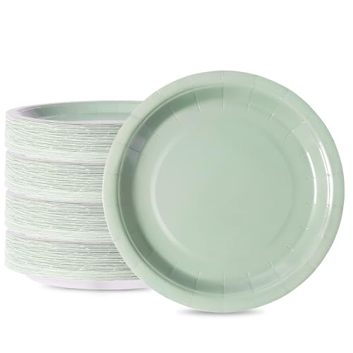 Image of Sage Green Disposable Paper Plates, 9 Inch Dinner Plates, 50 Count Bulk