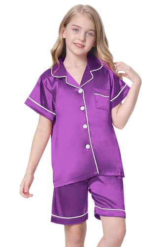 Image of Schbbbta Girls Womens Pajamas, Satin Silky Pjs Set Kids 2Pcs Button-Down Nightwear Sleepwear Gift for Mommy and me