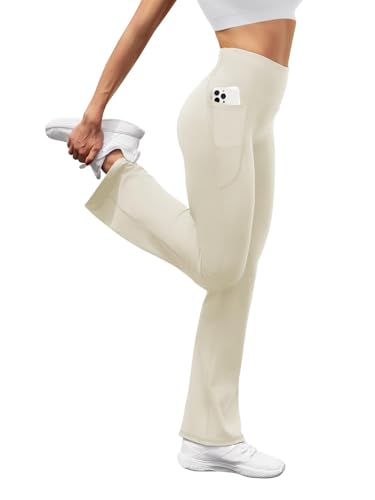 Glacspyg Damen Hose mit Taschen Yogahose Freizeit Jogginghose High Waist Sporthose Elastische Weite Bootcut Jazzpants Khaki M