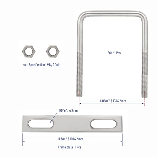 Image of 304 Stainless Steel Square U-Bolts 3-3 /4 inch(95mm) Inner Width, 4.72 inch(120mm) Length Stainless M8 with Nuts, Frame Plate, Accessories for Automobiles Trailer, Boat Trailer Industrial Parts