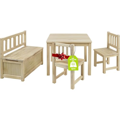 Bomi Kindersitzgruppe Anna mit integrierter Spielzeugkiste | Kinderzimmer-Set inkl. Kindertisch mit 2 Stühlen & Kindertruhenbank | Kindermöbel aus FSC nachhaltigem Kiefern Massiv Holz | Naturbelassen