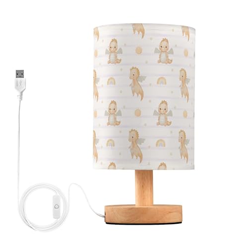 YYZZH Table Lamp Watercolor Baby Dragon Rainbow Striped Pattern Nightstand Lamp with Wood Base Fabric Lamp Shade Bedside Desk Lamp for Living Room Bedroom Kids Room Office