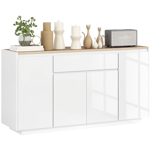 HOMCOM Meuble de Rangement Buffet à 4 portes avec tiroir et étagères réglables pour chambre, salon, 140 x 40 x 75 cm, naturel et blanc brillant