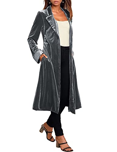 Flygo Women's Long Velvet Cardigan Jacket Lapel Belted Open Front Duster Blazers Sweater3