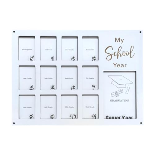 Qianly Wooden School Picture Frame Pre K to 12 40x30cm Multifunctional with 13 Slots Wall Mount for Kids Room Lightweight, White