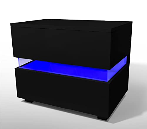 ELYFLAIR® Hochglanz Nachttisch in weiß mit LED I Beistelltisch für Bett Schlafzimmer - Kommode Nachtkommode Nachtschrank - Schlafzimmer-Möbel Zubehör Dekoration Deko - mit 2 Schubladen (Schwarz) Cover