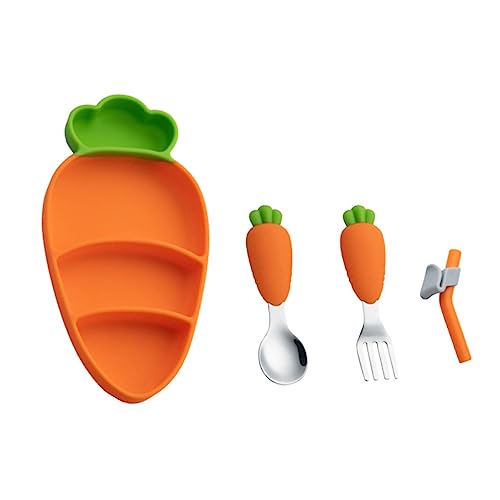 PEPLAYTAL 1 Juego Vajilla Infantil De Silicona Productos Para Bebés Alimento Almuerzo Platos Para Pequeños Alimentación Cucharón Adorable Plato Dividido Orange Acero Inoxidable 304