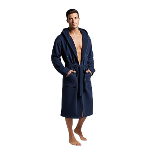DudeRobe Men's Robe – Hooded TERRY Bath Robe for Men with Pockets | Soft, Comfy Men’s Bathrobe from Shark Tank | Absorbent Cotton Hooded Robes for After Shower, Lounging, Gym & More, Navy Blue, L/XL