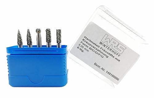 WRS Hartmetall-Frässtifte Satz mit Universal-Kreuzverzahnung, Industriequalität, 5-tlg., in ROSE-Kunststoffbox, Größe: 6,0 mm Kopf-Ø, 5-tlg.