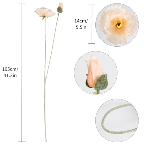 Fqueelvys Poppy Silk Flowers,6PCS Fake Poppy Flowers 41.3in Long Stem Poppies Flowers for Tall Vase Wedding Party Home Decor(Champagne)