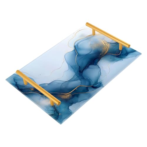 GUIJI Light Blue Marble 2 Acrylic Tray, Perfume Cosmetic Jewelry Decorative Trays Bathtub Organizer, Living Room Kitchen Serving Tray with Gold Handles