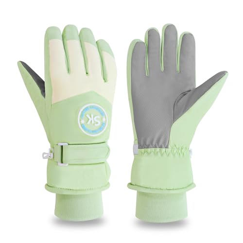 LuckyOpt Women Ski Gloves, Waterproof Winter Warm Gloves Adjustable Snow Glove, Anti-slip Windproof Thermal Touchscreen Glove for Skiing Running Cycling Outdoor Sports (Green)