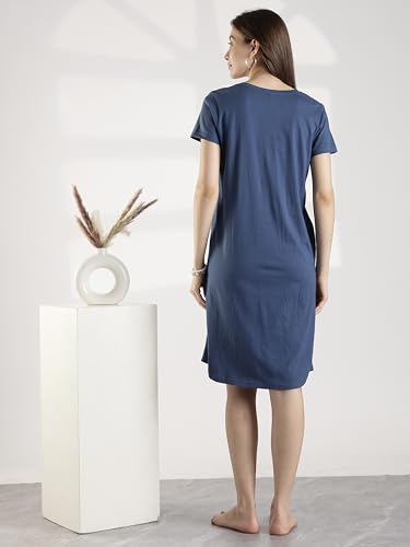 Image of 9shines Label Hosiery Cotton Knee Length Short Night Dress | Short Nighty for Women with Pocket | Graphic Print Nightwear | Night Gown for Women (M-7XL)