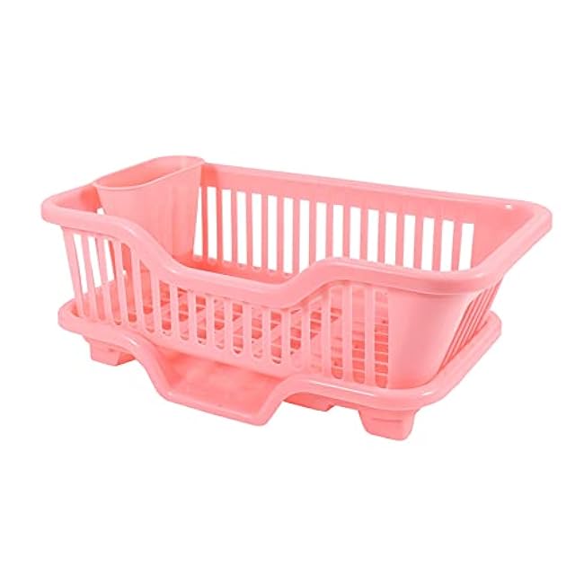 Environmental Plastic Kitchen Sink Dish Drainer Set Rack Washing Holder Basket Tray, 17.5 x 9.5 x 7INCH (Pink)