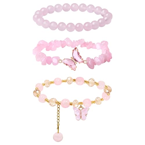 3Pcs Purple Butterfly Bracelets for Women Amethyst Crystal Beaded Bracelets Butterfly Charm Elastic Stretchable Natural Crystal Jewelry Accessories