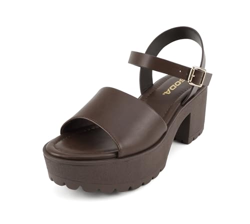 Image of Soda inchStacie inch ~ Women Open Toe Lug Sole Mid Block Heeled Sandals with Adjustable Ankle Strap