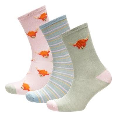 A2Z Damen-Socken aus Baumwolle, niedliches Tier-Design, 3 Stück, Highland Kuh, 4-8