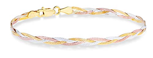 Miabella Tri-Color 18K Gold Over Sterling Silver Italian 3-Strand 4mm Braided Herringbone Link Chain Bracelet for Women Teen Girls 6.5, 7, 7.5, 8 Inch 925, Italy (6.5 Inches (5.5