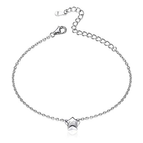 ChicSilver Personalized Bracelet for Girls Womens, S925 Sterling Silver Tiny Star Bracelet Engrave Initial Custom Name Bracelet Dainty Simple Chain Link Bracelet Pentagram Jewelry
