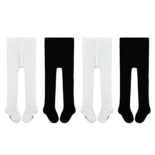 Lot de 4 paires de collants pour bébé fille - En coton - Noir - Blanc - Rose - Gris - 0-24 mois, Noir+Blanc, 9-18 mois Cover