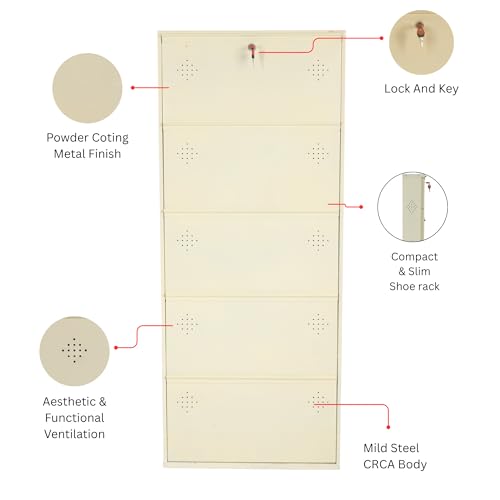 Image of 5 Door Wall Mounted Metal Shoe Rack Cabinet with Lock | Space Saving Shoe Storage Cabinet for Home, Entryway & Balcony | Dustproof Ventilated Shoe Organizer | Ivory | 63 x 26 x 6 Inch