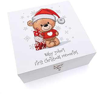 Personalised Baby's First Christmas Wooden Keepsake Box Teddy in Jumper (Large)