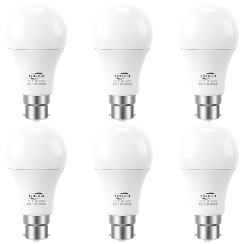 LOEODO B22 Bayonet LED Bulbs 100W Equivalent, 13W Light Bulb, 1200 Lumens, 6000K Cool White, A60 Energy Saving Lightbulbsb, Non-Dimmable, Pack of 6