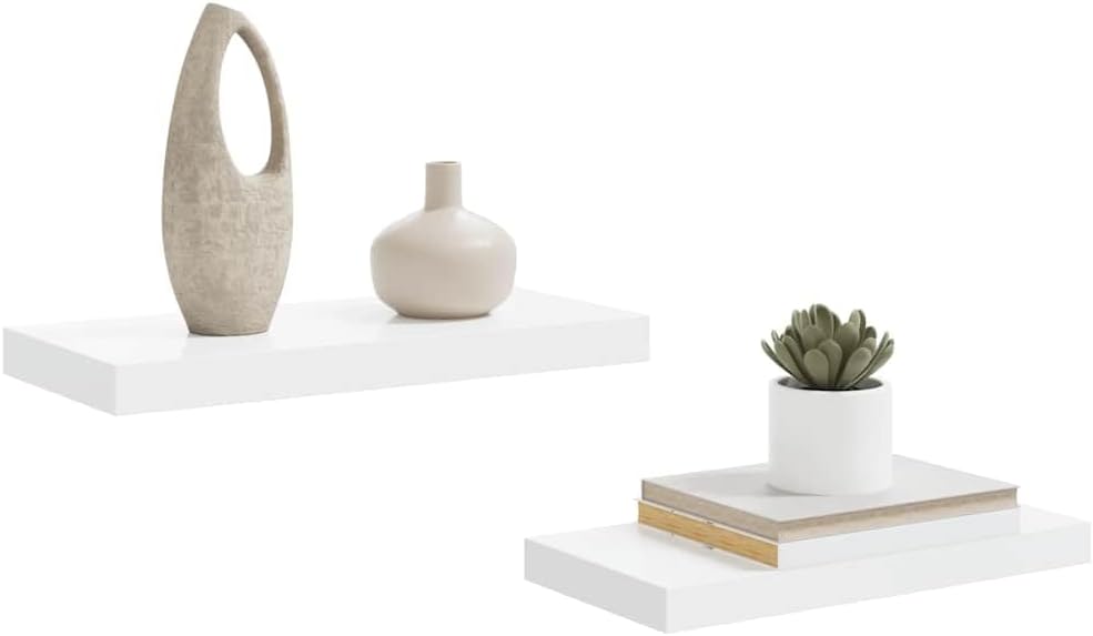 Floating Wall Shelf Set of 2, High Gloss White MDF, 19.7 inch Ledge Shelves for Living Room Decor, Modern Bathroom & Bedroom Wall Shelves