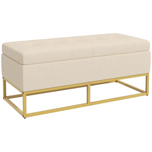 HOMCOM Panca Contenitore Rettangolare con Seduta Imbottita e Gambe in Acciaio, Pouf Poggiapiedi in Velluto per Camera da Letto e Soggiorno, 110x44x49 cm, Beige