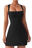 QINSEN Womens Bodycon Sleeveless Dress Square Neck Tank Top Tapered Shoulder Strap Dresses Black L