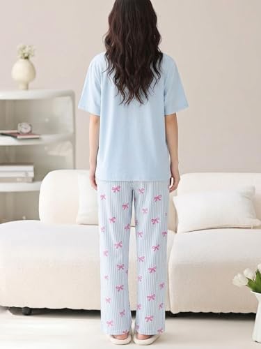 Image of SHIENZY Women Korean Style Night Suit | Round Neck Short Sleeve Cute Printed Cotton Pajama Set for Girls & Women | Soft Nightwear, Loungewear, Sleepwear for Women | Full Pyjama Set | Co-ord Set