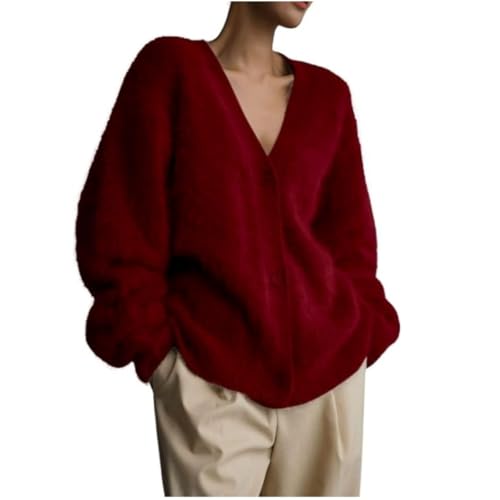 Image of Womens Fuzzy Sweaters Cardigan V-Neck Button Down Oversized Mohair Sweater Casual Y2k 2026 Fall Winter