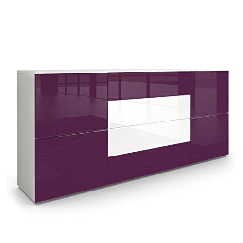 Vladon Buffet Rova, Commode avec 4 Portes et 4 tiroirs, Blanc Mat/Mûre Haute Brillance (166 x 72 x...