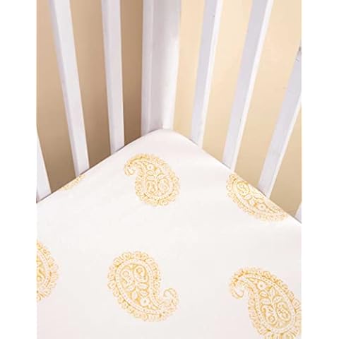 Malabar Baby - Handmade Designer Fitted Crib Sheet, Block-Printed Design, 100% Natural Indian Cotton Crib Sheet for Standard Crib and Toddler Mattresses, Premium Cotton, Luxe (Mustard Paisley) Cover