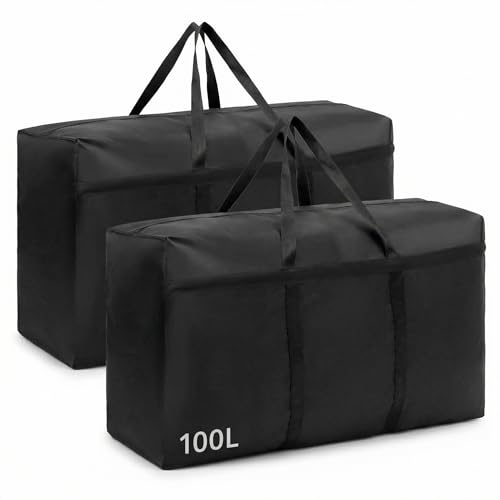 QWORK® Lot de 2 grands sacs de rangement de 100 L avec fermeture éclair, en tissu Oxford imperméable pour vêtements, literie, 80 * 45 * 25cm