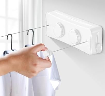 Image of Retractable Clothesline 5 Metre - Wall Mounted Indoor & Outdoor Drying Line (Single /Double Line), ABS Housing & 304 Stainless Steel Wire for Bathroom, Balcony, Laundry Room (Double Line)