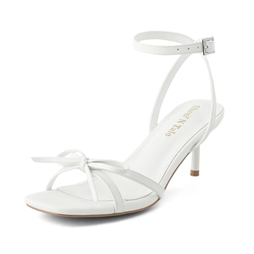 Shoe'N Tale Women's Kitten Heels Bow Strappy Heeled Sandals Square Open Toe Fashion Dressy Wedding Party Shoes(8,White)
