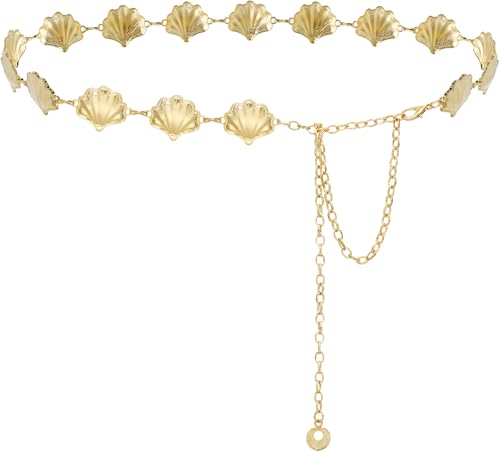 HIQUACC Womens Metal Waist Chain Gold Silver Chunky Belts for Dresses (Shell Gold-M)