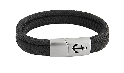 Das Original Segeltau-Armband 'Tidewisp', Unisex, mit Edelstahl Sicherheits-Magnetverschluss & Anker Gravur, Multistrang-Design, Paracord, 8 mm Durchmesser, handmade (Black-Trevor, 22.00, Zentimeter)