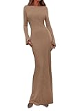 PRETTYGARDEN Women's Fall Fashion 2026 Long Sleeve Maxi Dress Ribbed Knit Boat Neck Bodycon Casual Dresses Going Out Outfits (Khaki,Small)